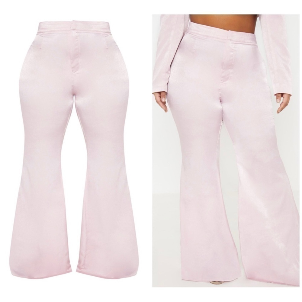 PrettyLittleThing Light Pink Satin Extreme Flare Tailored Pants Size Large